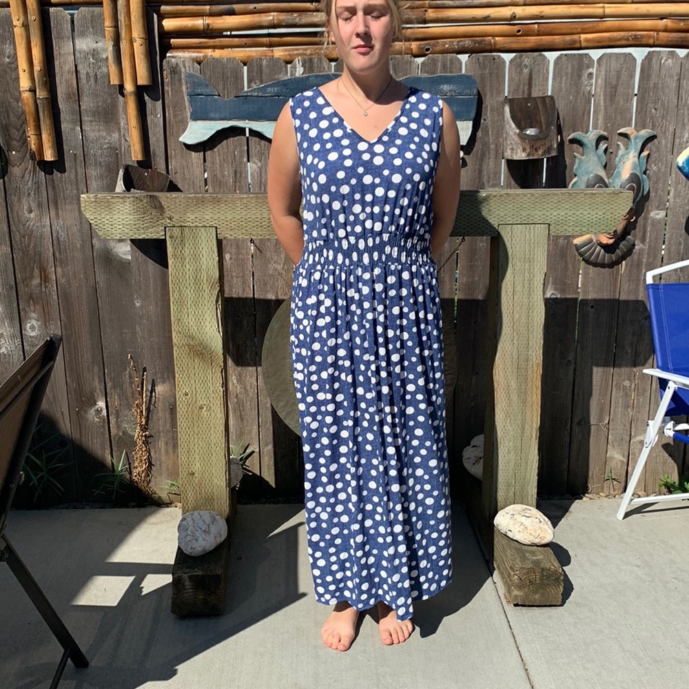 Blue with cream polkadot dress.